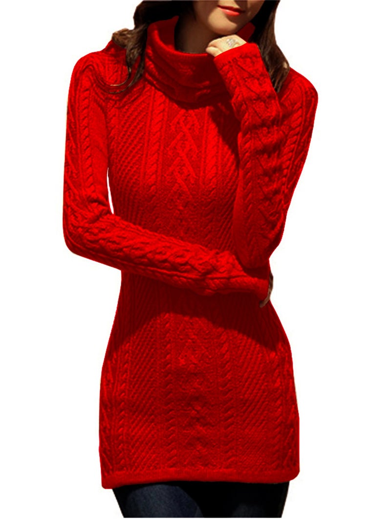 v28 Women Polo Neck Turtleneck Knit Stretchable Elasticity Long Slim Sweater (S,Red) - Image 1